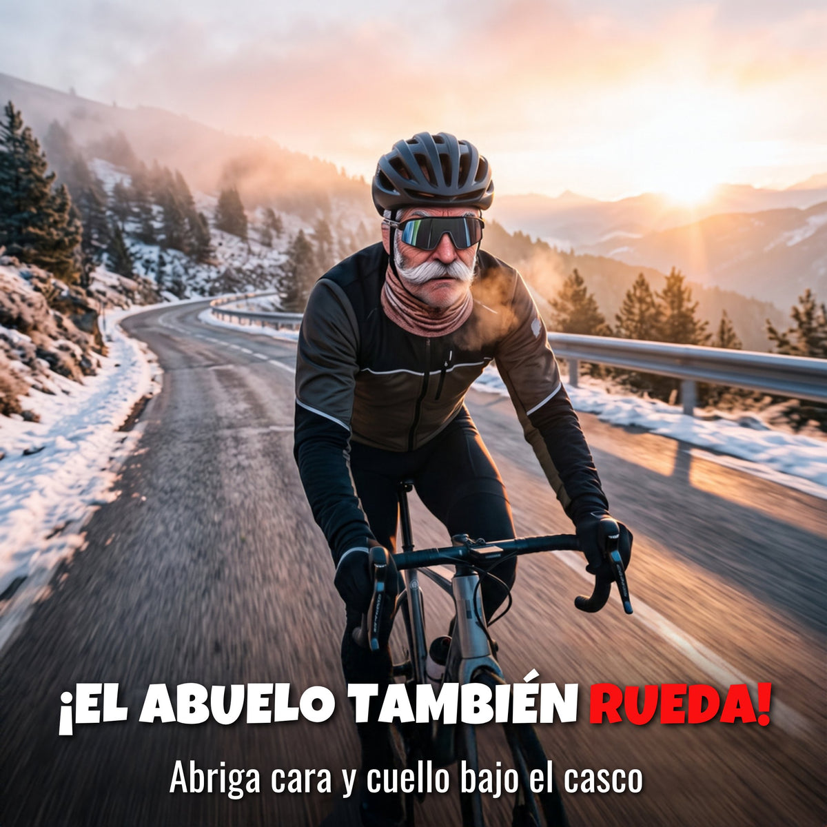 Ciclista con pasamontañas cara de abuelo bajo el casco