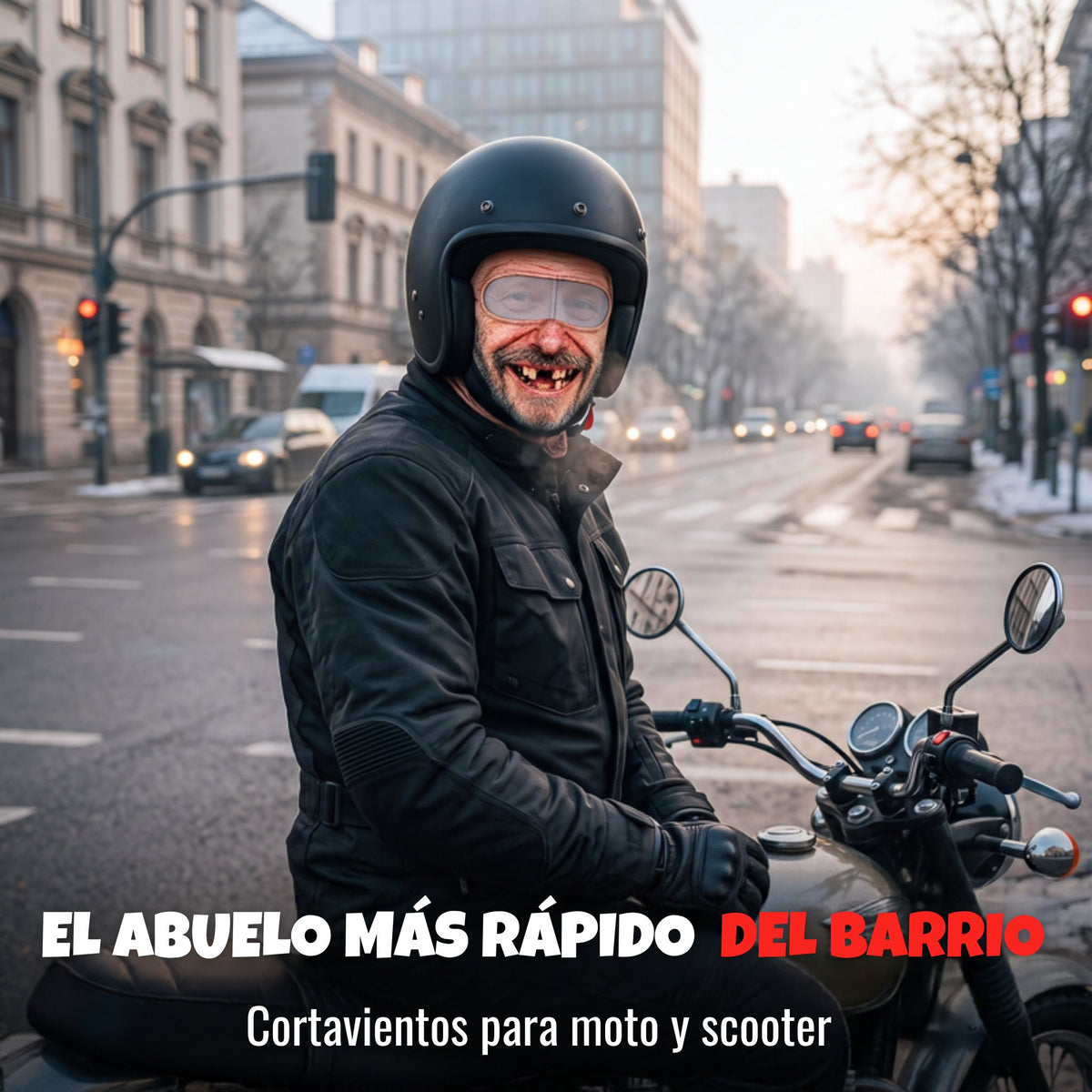 Motorista con pasamontañas cara de abuelo